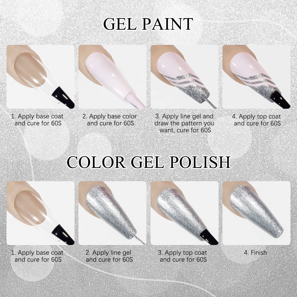 MIZHSE Gel Liner Nail Art Gel Paint Spider Line 4 Pcs, Glitter Silver Gold Painting Swirl French Nail Design Soak off Manicure Set for Nail Art