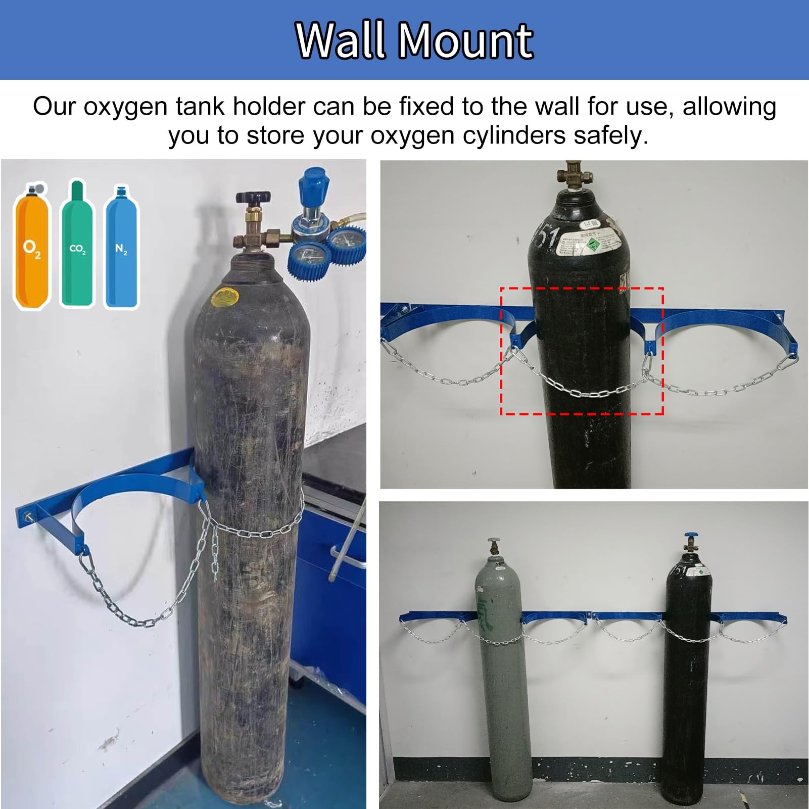 Soportes para Bombonas de Oxígeno Soporte de Pared para Botella de Oxígeno con Cadena de Seguridad y Tornillo, Soporte de Acero para Cilindro de Nitrógeno/ Acetileno/ Propano, Resistente para Tanque d