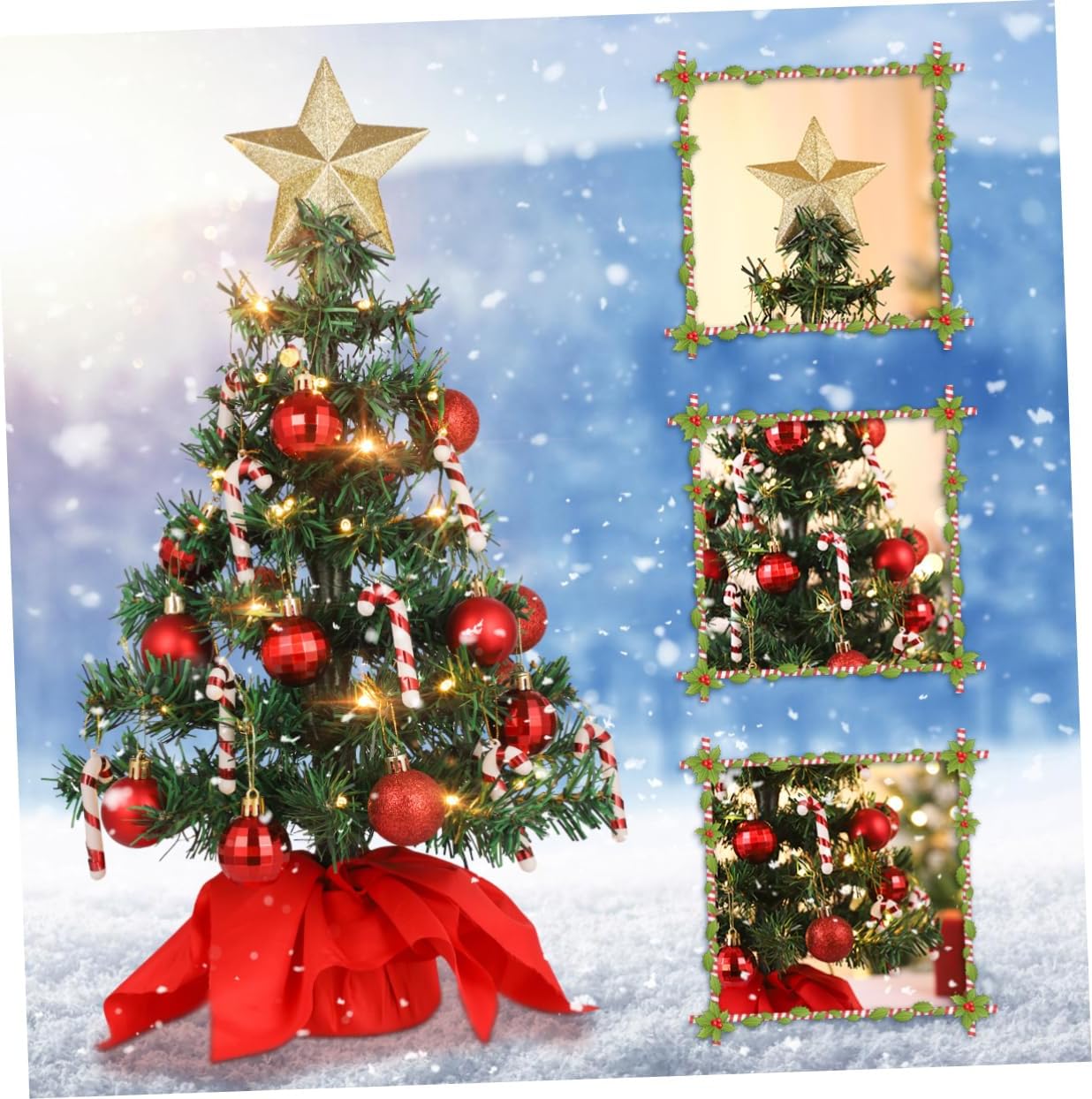 PRETYZOOM 21 inch Tabletop Christmas Tree with 50 LED String Lights Christmas Star Tree Party Decoration Mini Artificial Christmas Tree for Christmas DIY Window Walkway Decoration Indoor Home