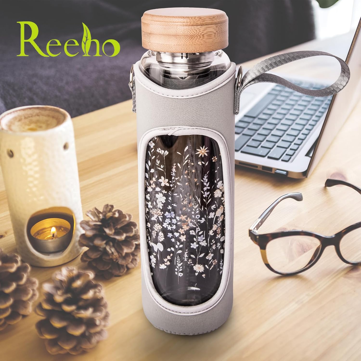 32oz Borosilicate Glass Water Bottle with Tea Infuser, Tea Tumbler with Strainer, Reusable Travel Mug with Sleeve & 2 Lids, Glass Drinking Bottle for Hot or Cold Drinks image 2