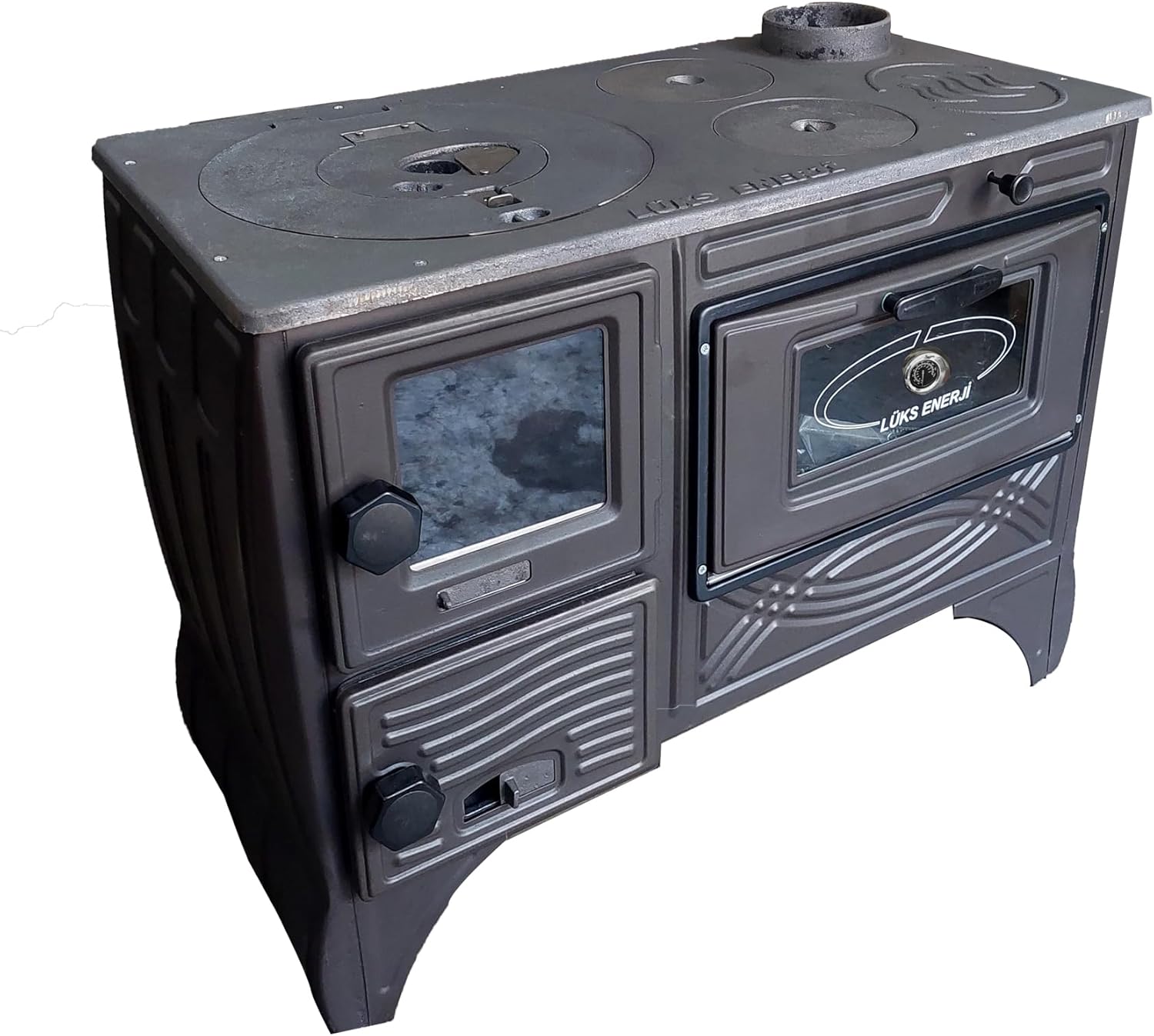 Black Cast Iron Oven, Durable Cast Iron Fireplace, Baking Cooker Oven for Warming, Made in Turkiye, Brick Lined Fireplace (Black with Glass)