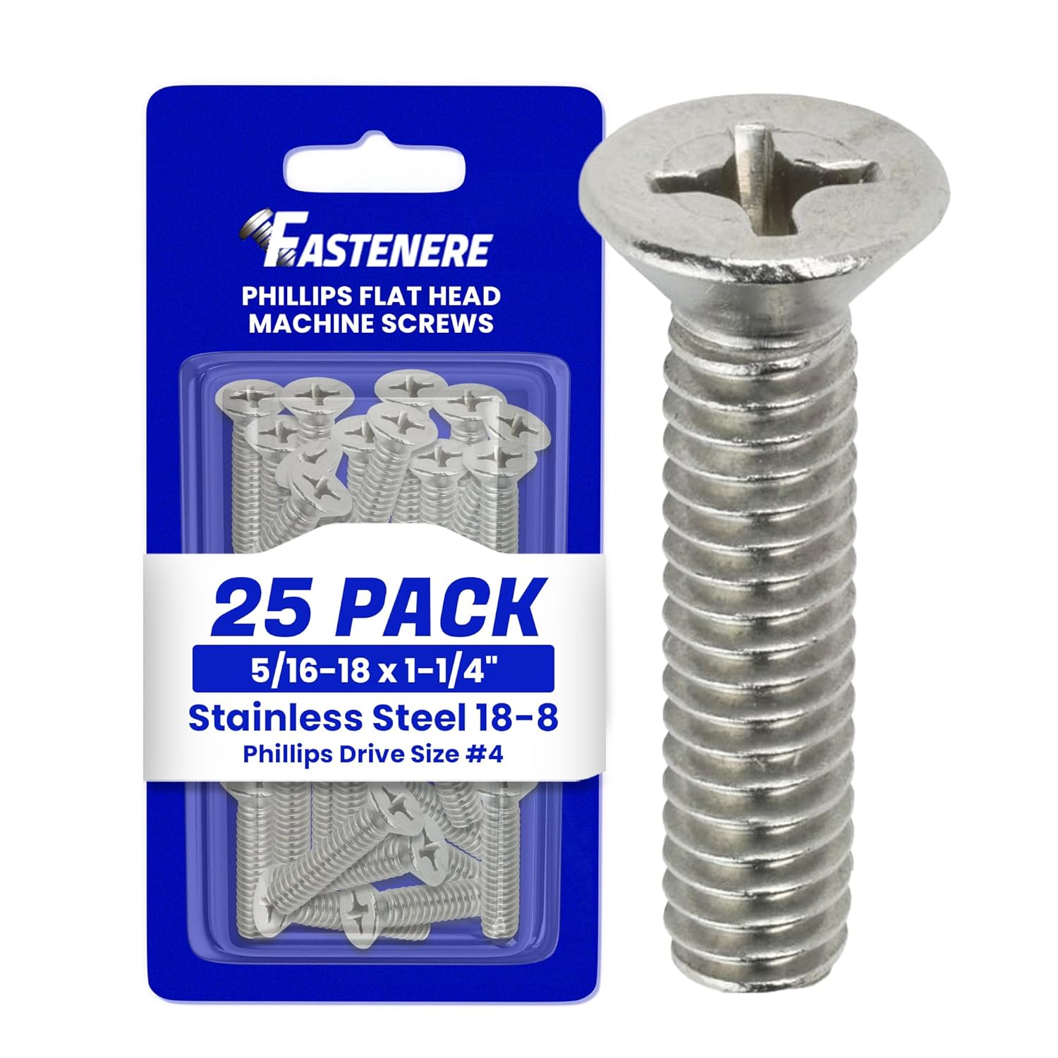 5/16-18 x 1-1/4 Flat Head Machine Screws, Phillips Drive, Stainless Steel 18-8, Full Thread, Bright Finish, Machine Thread, Quantity 25 by Fastenere