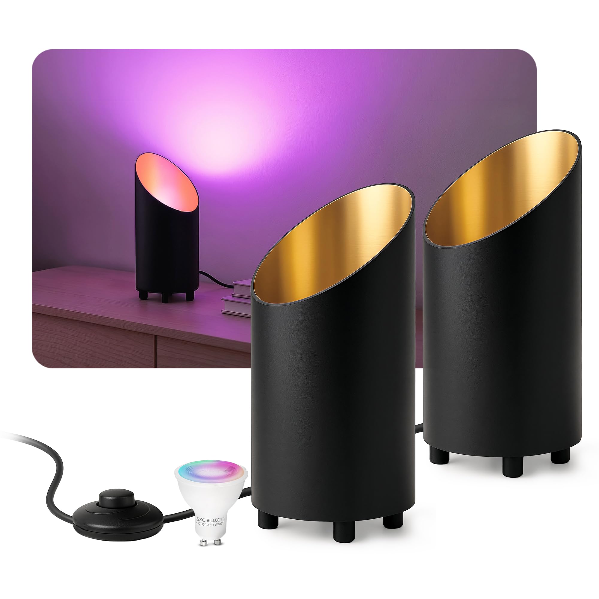 SSC-LUXon 2x AUREVA Wohnzimmerlampe Uplight – Smart WLAN GU10 5W Birne steuerbar per App Alexa Google – Tischleuchte & Bodenlampe