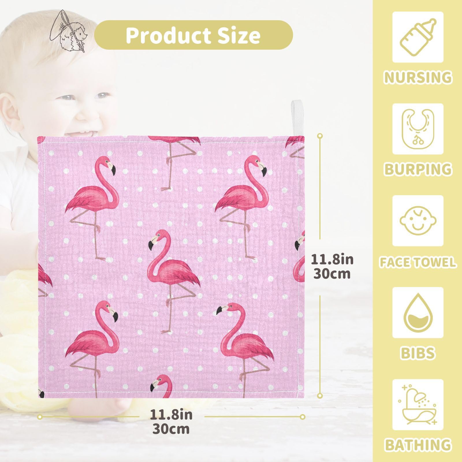 Kigai Pretty Flamingo Baby Washcloths,3pcs Ultra Soft Absorbent Towel,Newborn Bath Face Towel, Natural Reusable Baby Wipes for Sensitive Skin, Baby Registry as Shower