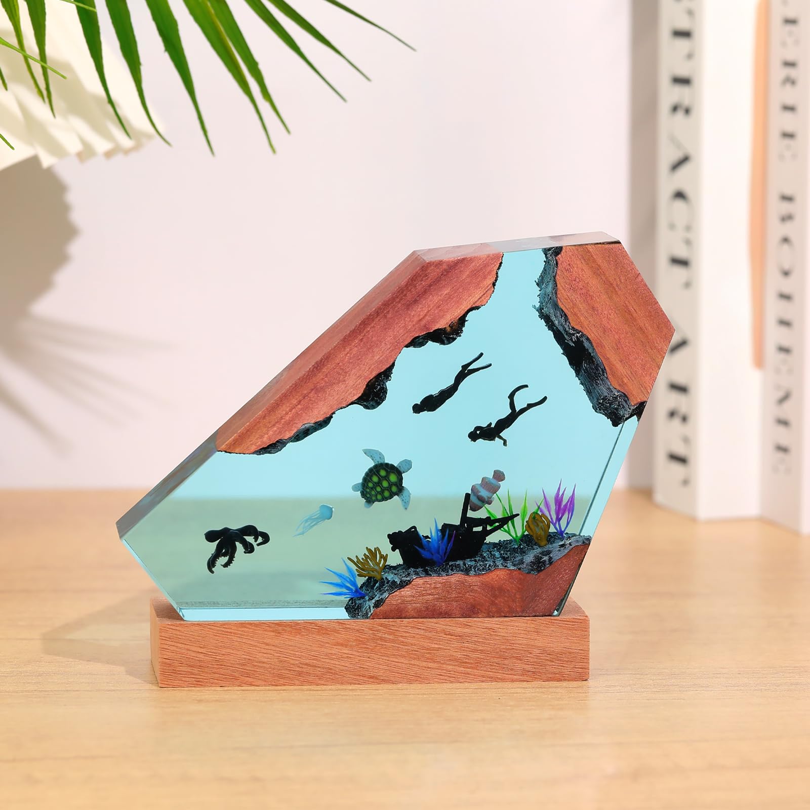 Drawelry Lámpara de Noche Oceánica en Resina Epoxi, Escultura 3D de Animales Marinos Orca Tortuga Ballena con Base de Madera, Luz LED Ambiental para Decoración del Hogar, Regalo Creativo Único (A8)