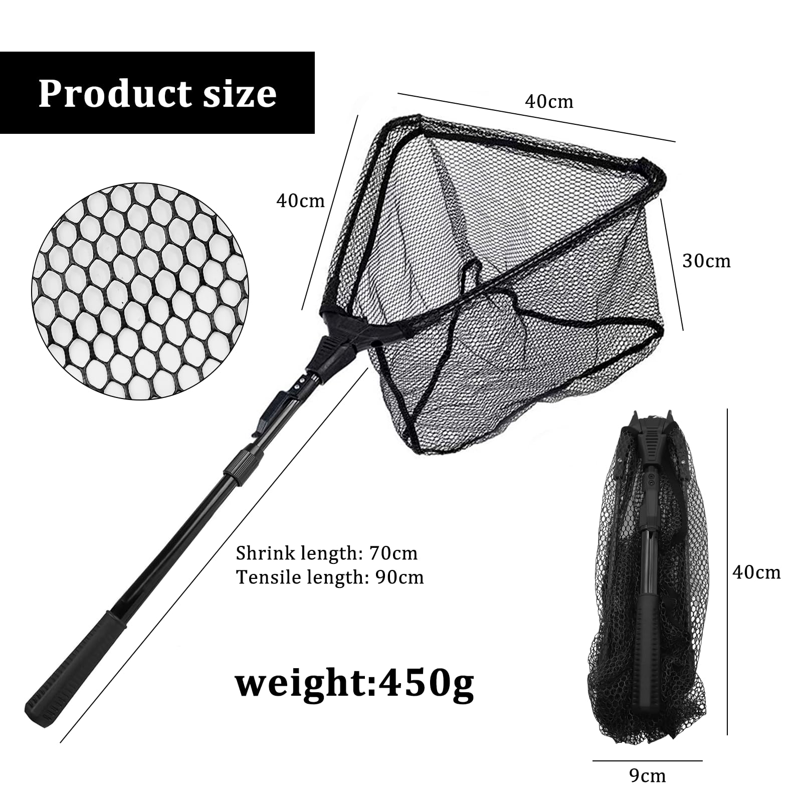 1 Pieza Réd De Pesca Telescópica,Red de Pésca Plegable Triangular,Red de Pésca Recubiertas,Sacaderas de Pesca con Mango Antideslizante para Kayak Salmón Pez Gato Bajo (Negro)
