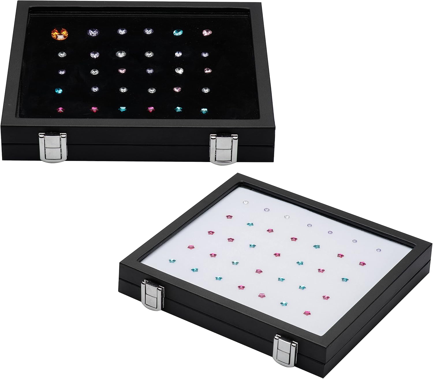 Jewelry Display Case Tempered Glass Top Lid Black Leatherette,Gemstone Display Case Jewelry Storage Box with Metal Clasp (Large)