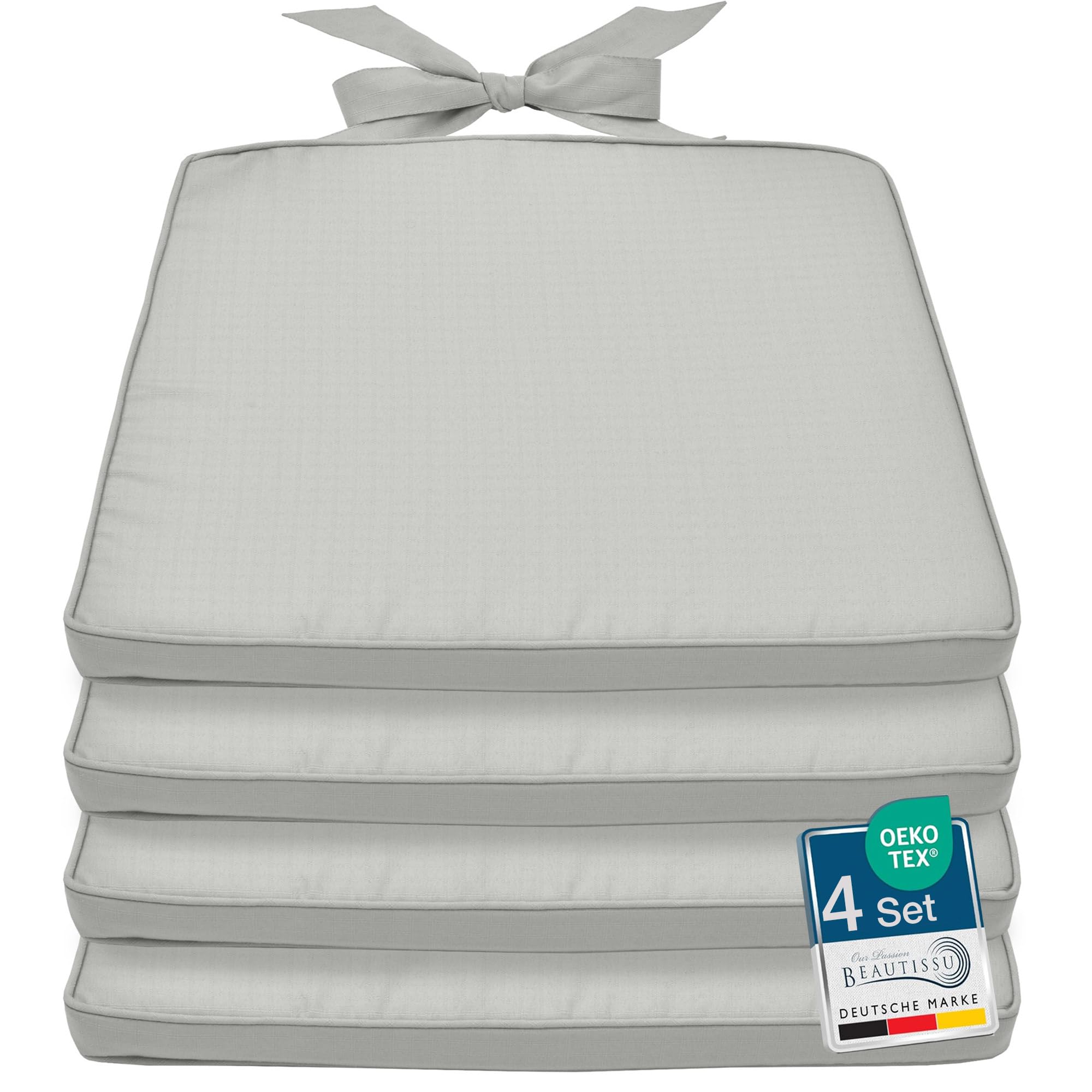 Beautissu Pia 4er Set Stuhlkissen 40x45 cm - Sitzkissen Outdoor Gartenstuhlkissen, Garten Sitzpolster Set für Rattanstühle, Outdoor Sitzkissen trapezförmig, Stuhlauflage Stuhlkissen Hellgrau