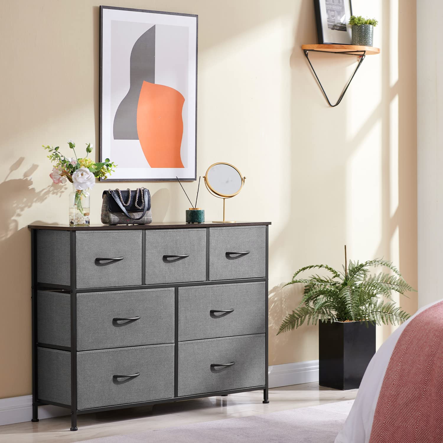 Somdot Dresser, 7-Drawer Fabric Storage Tower for Bedroom, Nursery, Entryway, Closets, Tall Chest Organizer Unit with Large Capacity Fabric Bins - Charcoal Grey/Dark Walnut