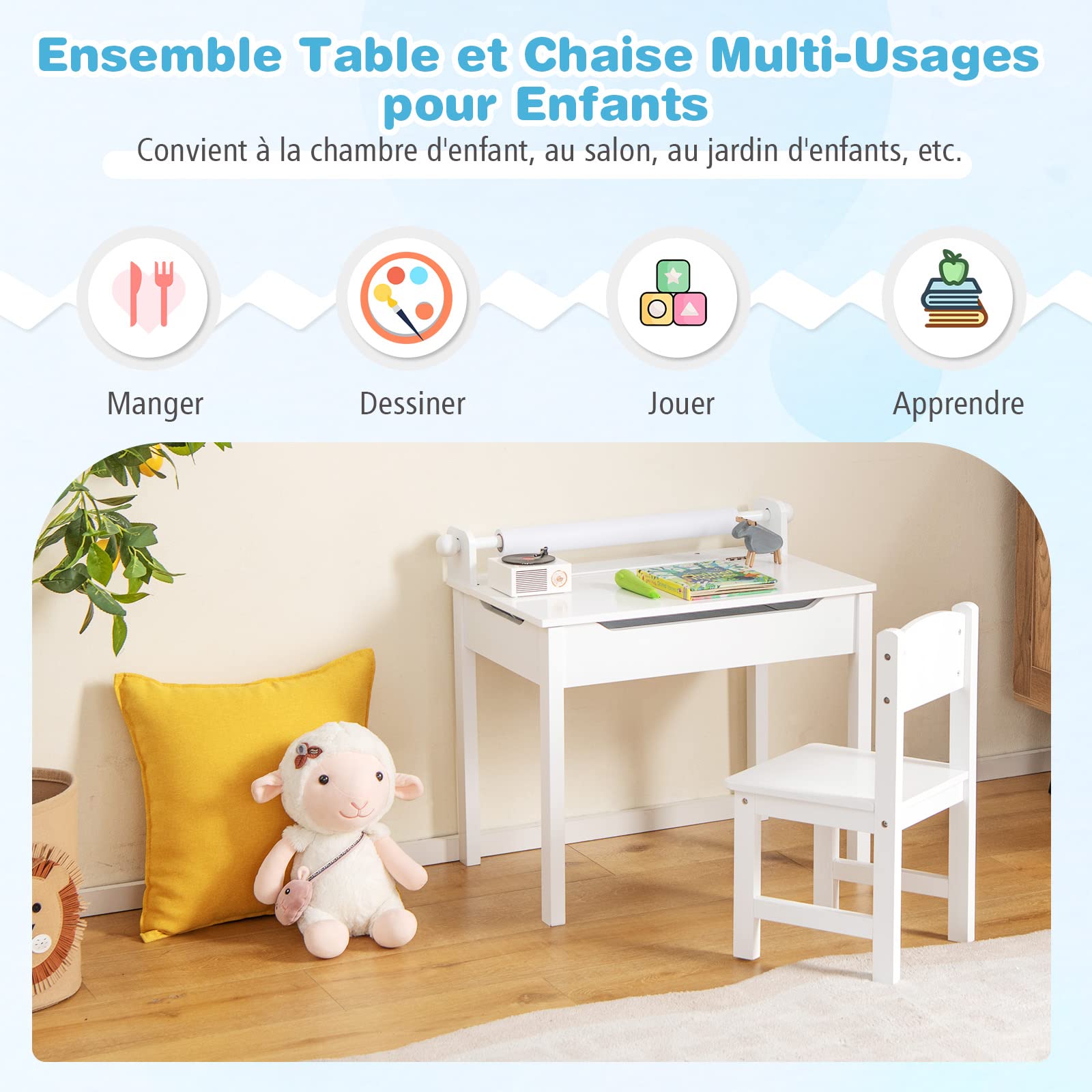 COSTWAY Bureau pour Enfants avec Tabouret & Plateau Rabattable, Table à Dessin en Pin Polyvalent avec Rouleau de Papier, Espace Caché, Poignées Découpées pour Enfants de 3 Ans+ (Blanc)