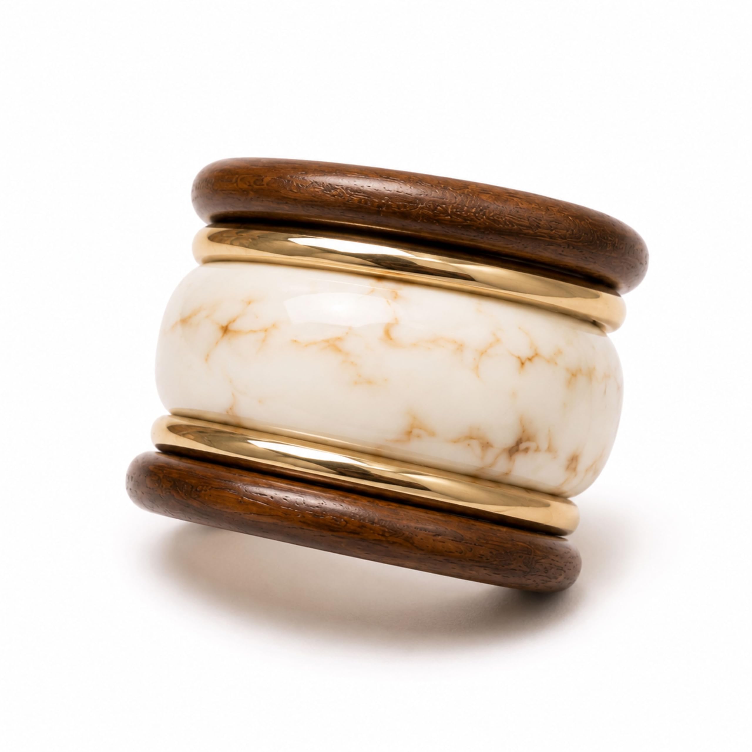Ivory Marble Wooden Resin Bangle Stack | Handmade Brown Wooden Bangles with Ivory Marble Resin Centre & Gold Tone Spacer | Designer Statement Bracelet Stack for Woman & Girls | Size 2.4-2.6 | Set of 5-image-27