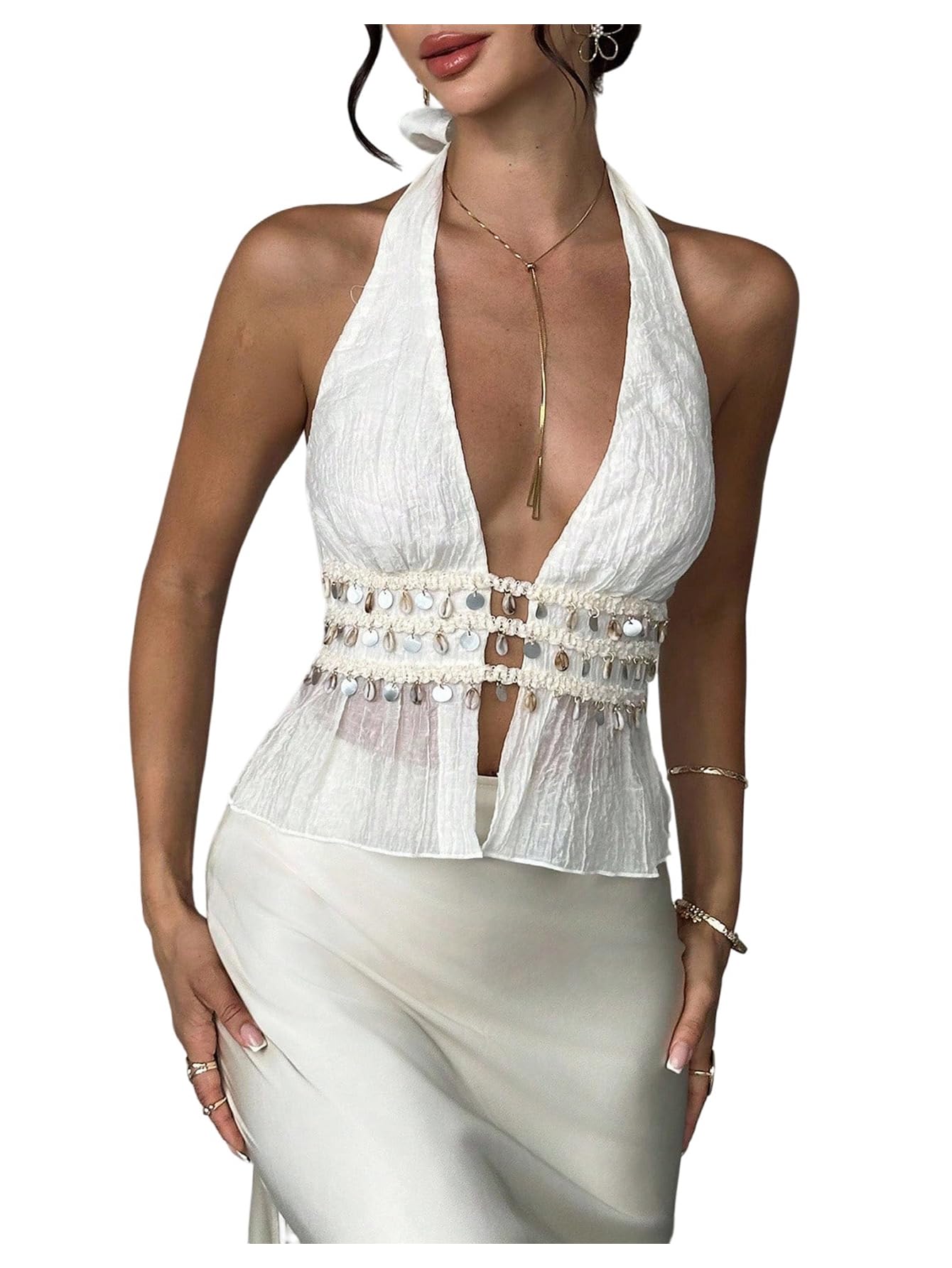 View 1 of [DAMAGED] Floerns Women's Halter Shell Fringe Tank Top