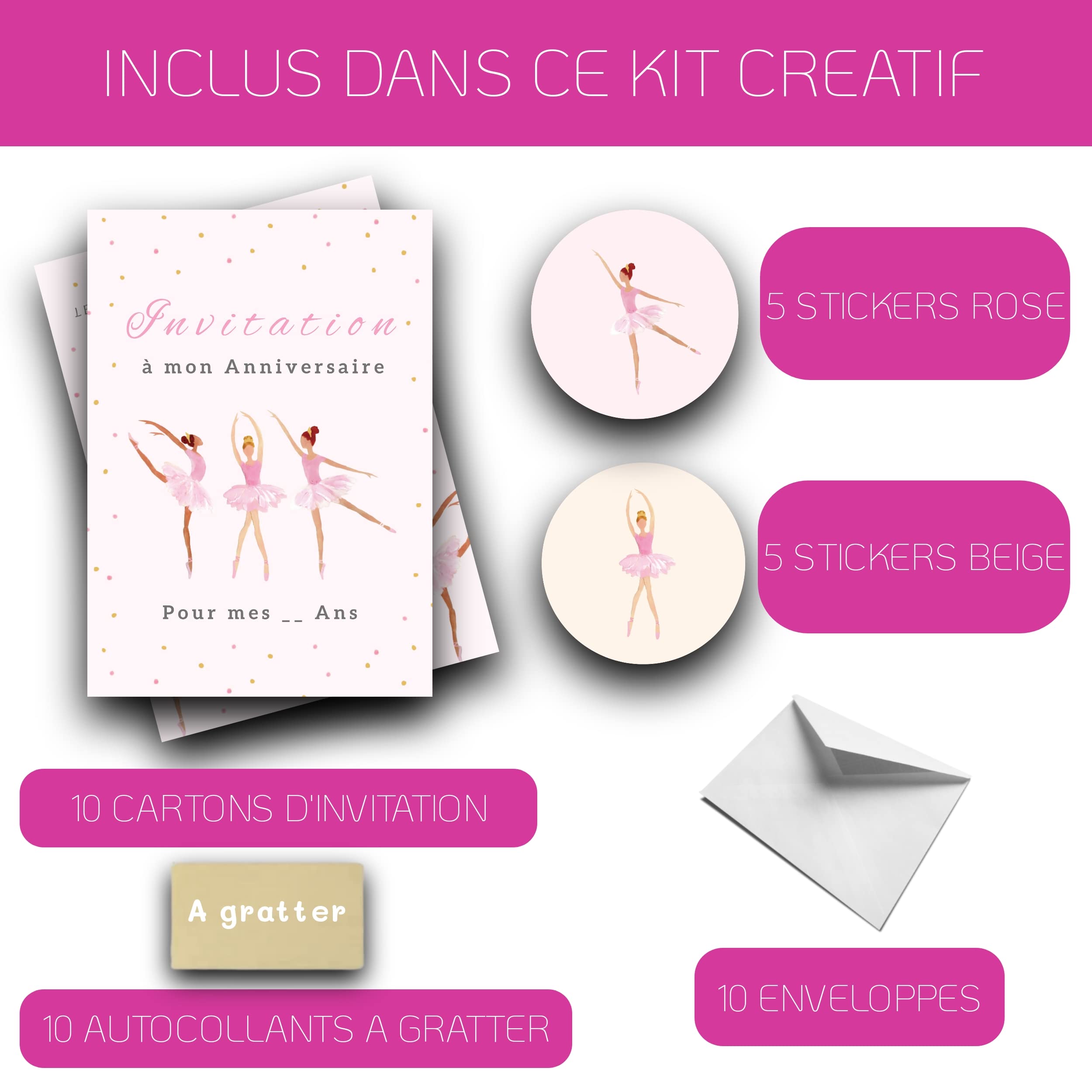 Kit Creativo 10 Inviti Anniversario Da Grattare RXLITE - Tema Arcobaleno, In Francese, Con Buste E Adesivi, Fai-Da-Te Per Bambini - 3