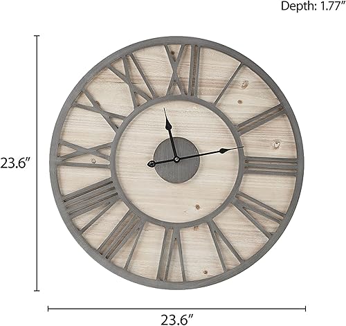 Vista 3 de Madison Park Mason - Reloj de pared grande para decoración de sala de estar, marco redondo de madera de abeto de metal de 23.6 pulgadas, funciona