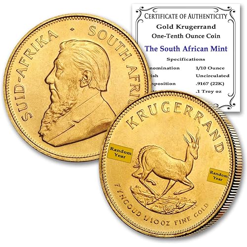1967 - Present (Random Year) ZA 1/10 oz South African Gold Krugerrand Coin Brilliant Uncirculated with Certificate of Authenticity 22K 1/10R BU