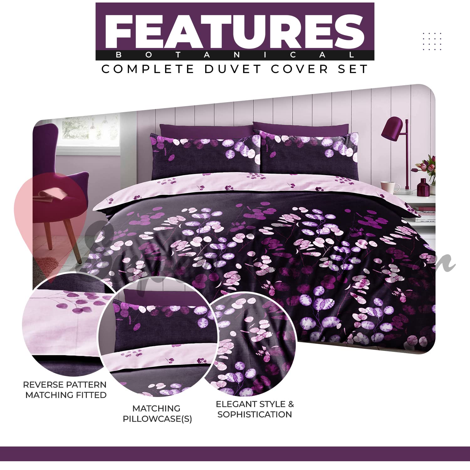 Super Dreamer 4 Piece Leaves Duvet Covers Double, Reversible Comforter Cover With Pillowcases & Fitted Sheet - Image 2
