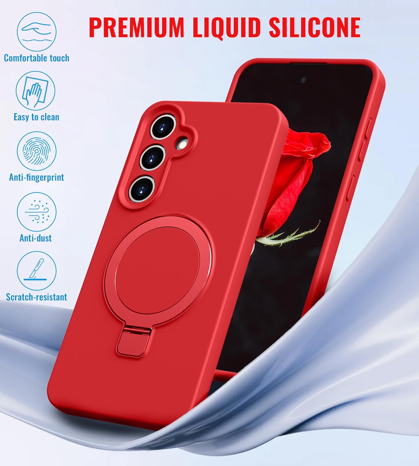 Compatible with Samsung Galaxy S24 Case with Stand, Full Camera Protection Liquid Silicone Case, MagSafe Compatible Magnetic Kickstand, Red