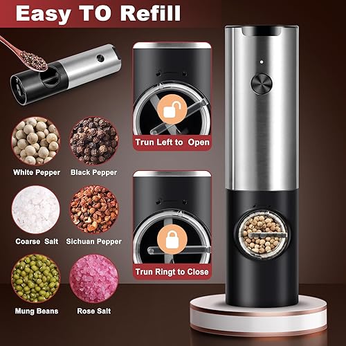 Miniatura 4 de Juego de molinillo eléctrico recargable de sal y pimienta, agitadores automáticos de molino de especias con operación por gravedad, grosor