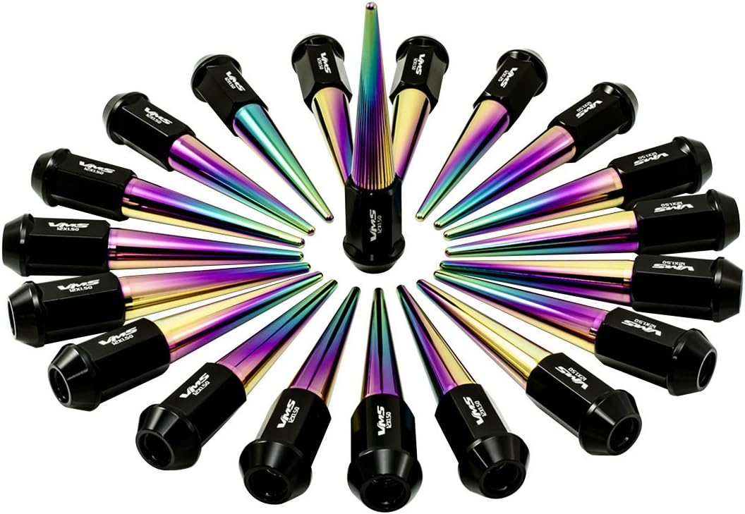 12x1.5 VMS Racing 20PC 112mm Cold Forged Steel LUG NUTS with NEOCHROME Extended SPIKES in Aluminum for HONDA CIVIC 5 lug wheel pattern NEO CHROME