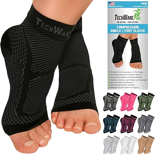 TechWare Pro Ankle Brace Compression Sleeve - Plantar Fasciitis Sock. Relieves Achilles Tendonitis. Foot Arch Support Reduces Joint Pain, Swelling & Heel Spur Pain. Injury Recovery Braces for Sports