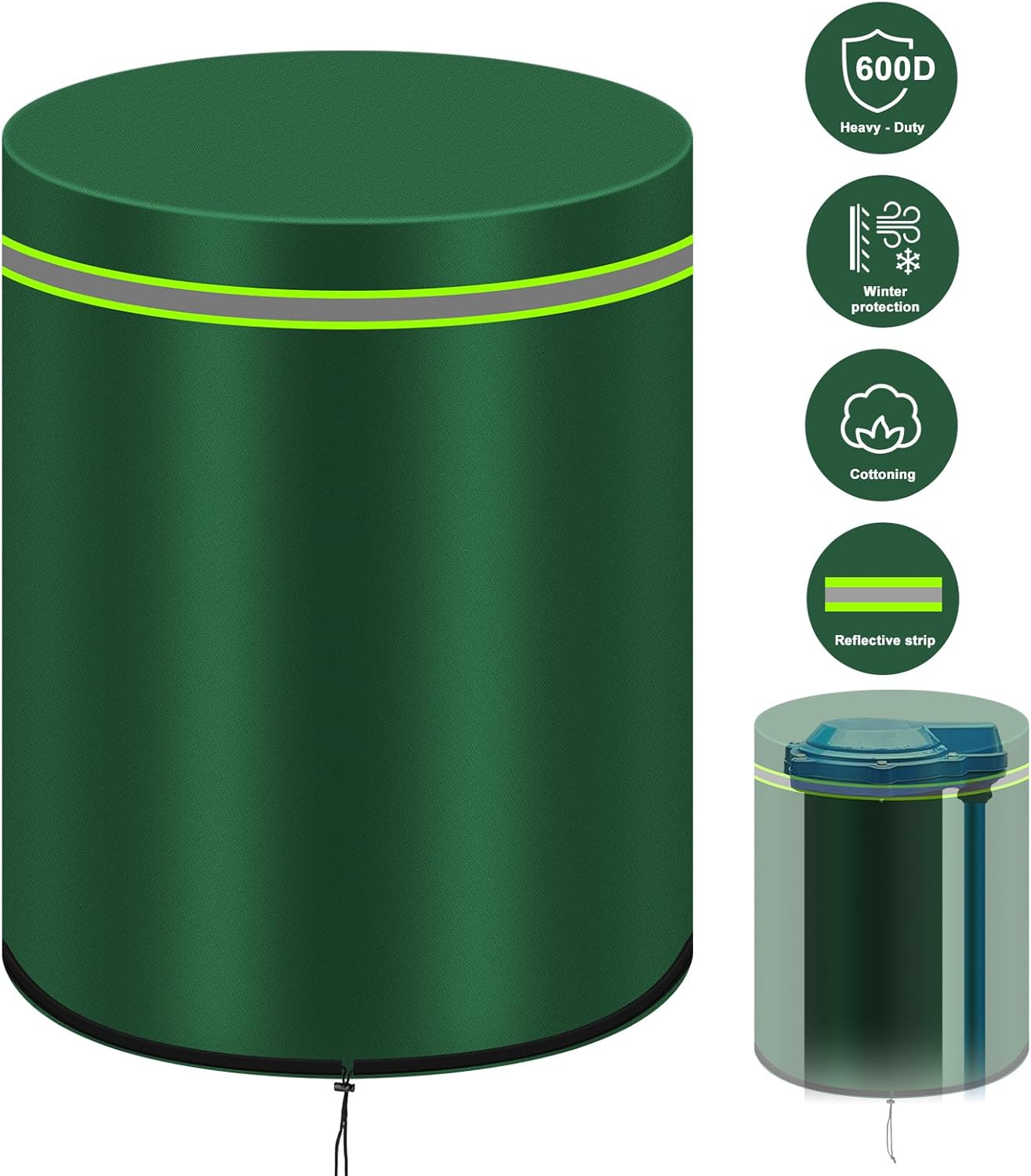 Green Well Pump Cover (Protects Down to 5°F), Round Insulated Well Pump Cover, Decorative Well Pump Covers with Reflective Strips,Hide Your Water Well Pump Head and Improve Curb Appeal (16"Dia x 32"H)