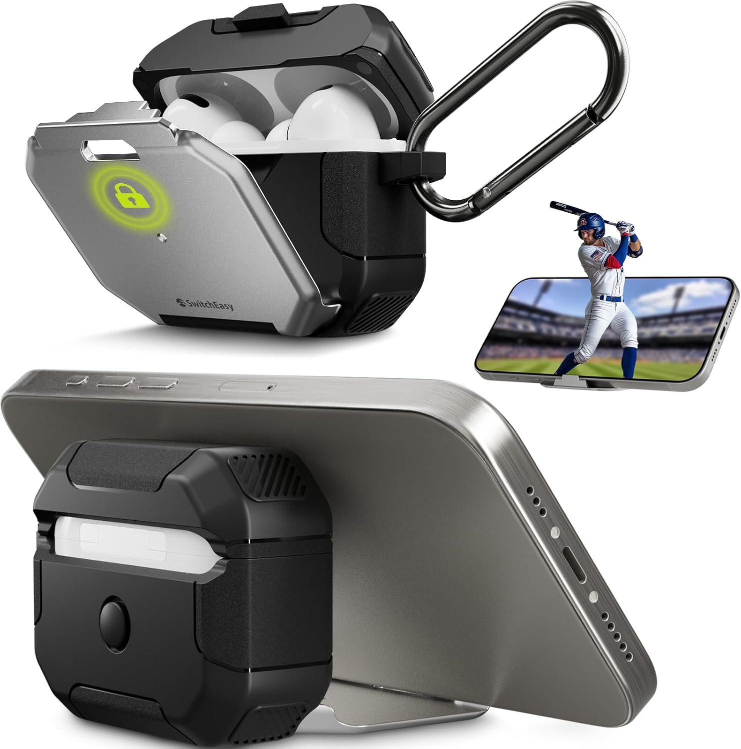 SwitchEasy Defender+ AirPods Pro Locking Case 2nd Generation & 1st Generation - Wireless Charging Case with Phone Stand, Shockproof Protection for Apple AirPods, AirPod Pro Case with Lock - Silver