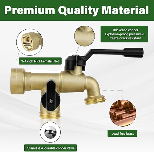 Miniatura 9 de Grifo de agua de jardín al aire libre con doble salida, grifo de agua de jardín montado en la pared exterior con dos válvulas de bola de latón de 34