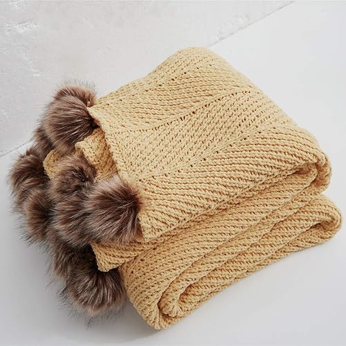 vctops Manta de punto con pompones de piel súper suave, cálida y acogedora manta de punto trenzado para sofá y sofá, 51 x 63 pulgadas, color