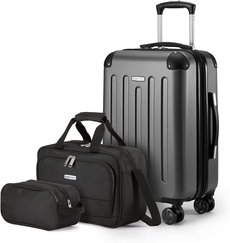 3-Piece Luggage Set with Spinner Wheels, Including 22" Expandable Hardside Carry-On Suitcase, 15-inch Tote Bag, and 10-inch Compact Travel Bag, Black