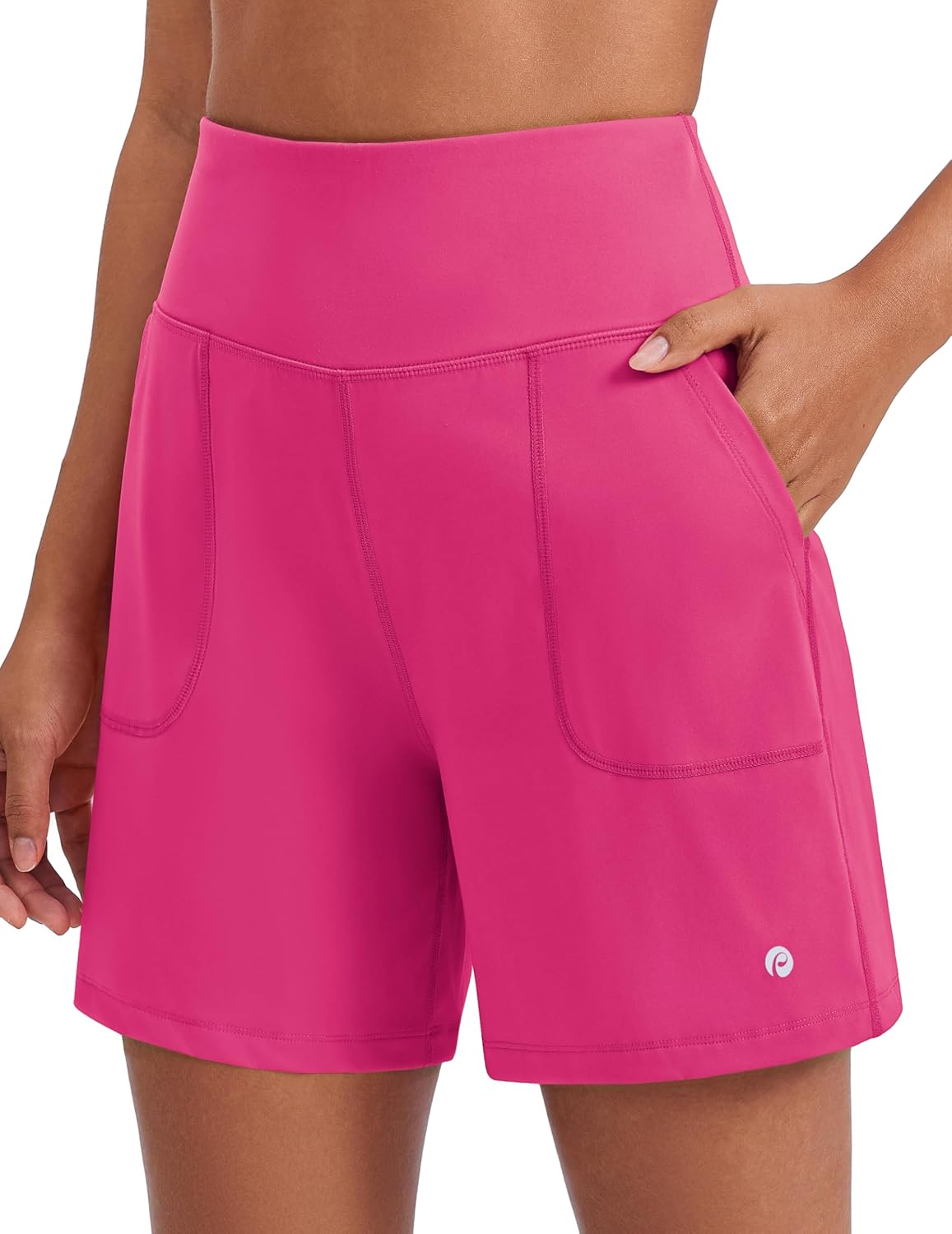 PINSPARK Women's Athletic Shorts 6" High Waisted Yoga Shorts with Pockets Soft Tummy Control Workout Running Shorts for Gym