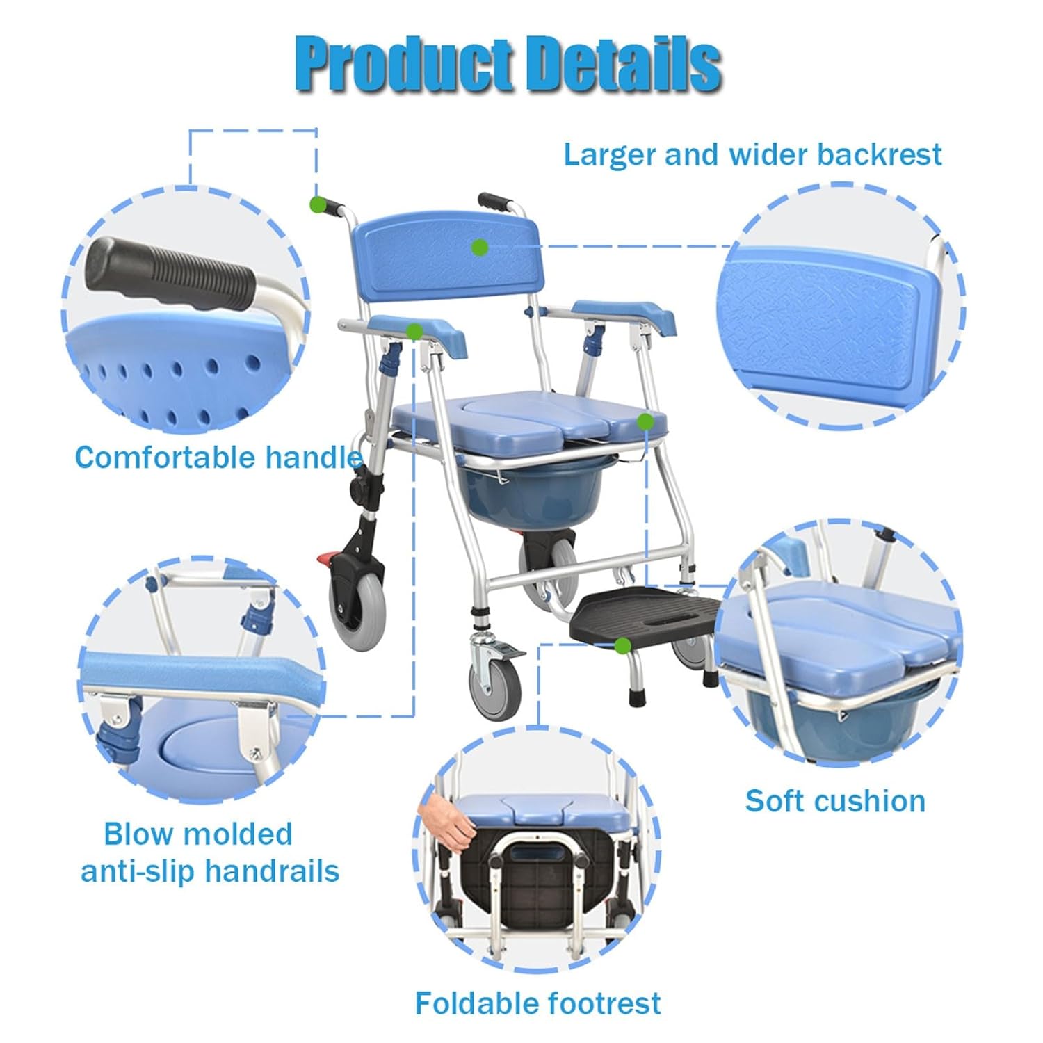 Commode Shower Chair with Wheels, 3-in-1 Folding Bedside Commode Chair for Toilet with Soft Cushion and Bed Pan, Shower Chair for Elderly and Disabled, Load Capacity: 330 lbs