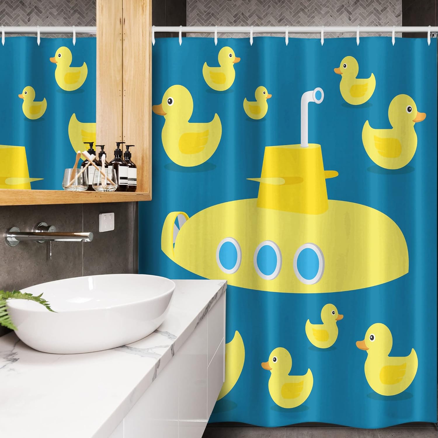 Ambesonne Rubber Duck Stall Shower Curtain, Duckies Swimming in The Sea a Submarine Party Nautical Print, Fabric Bathroom Decor Set with Hooks, 54" W x 78" L, Navy Blue