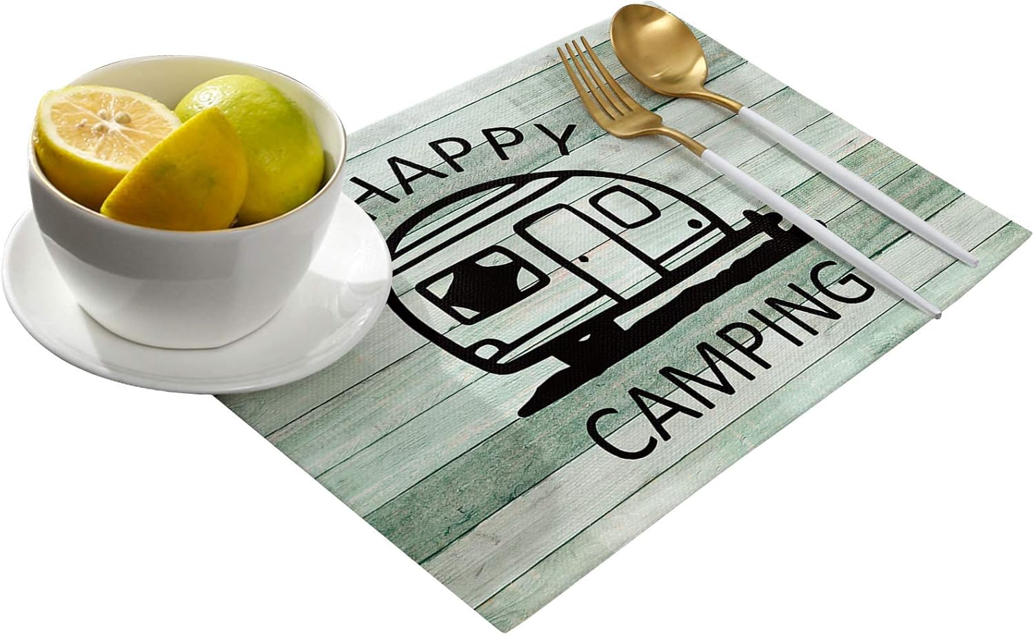 Placemats for Dining Table Mats - Set of 4, Cartoon Camper Happy Camping Washable Placemats for Kitchen Patio Table, Green Wooden Stripes Grain Wipeable Table Placemats 13" x 19"