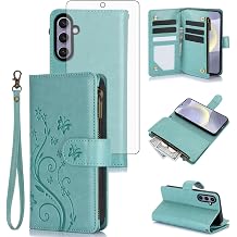 Asuwish Phone Case for Samsung Galaxy S25 FE 5G Wallet Cell Cover with Tempered Glass Screen Protector Strap Flower Flip Zipper Card Holder Slot Stand S 25 EF S25FE 25S 25FE Women Girls Green