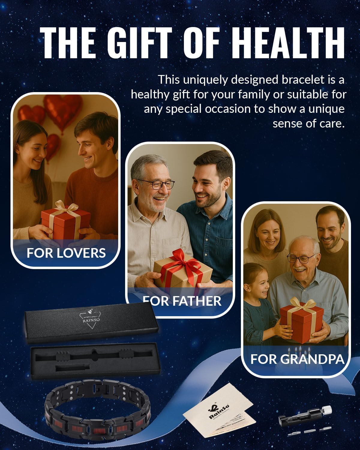 RainSo Men's Magnetic Bracelet, Scorpion Pliers Three-row Magnetic Wood Stainless Steel Bracelet, Comes with Free Link Removal Tool and Jewelry Gift Box -(Black and Red) - Image 6