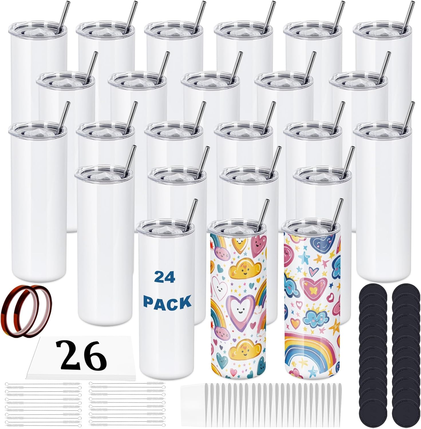 Photo 1 of  24 Pack 20 OZ Sublimation Tumblers Bulk, Skinny Straight White Sublimation Cups, Stainless Steel Double Wall Insulated Tumbler for Heat Transfer, Individually Boxed 