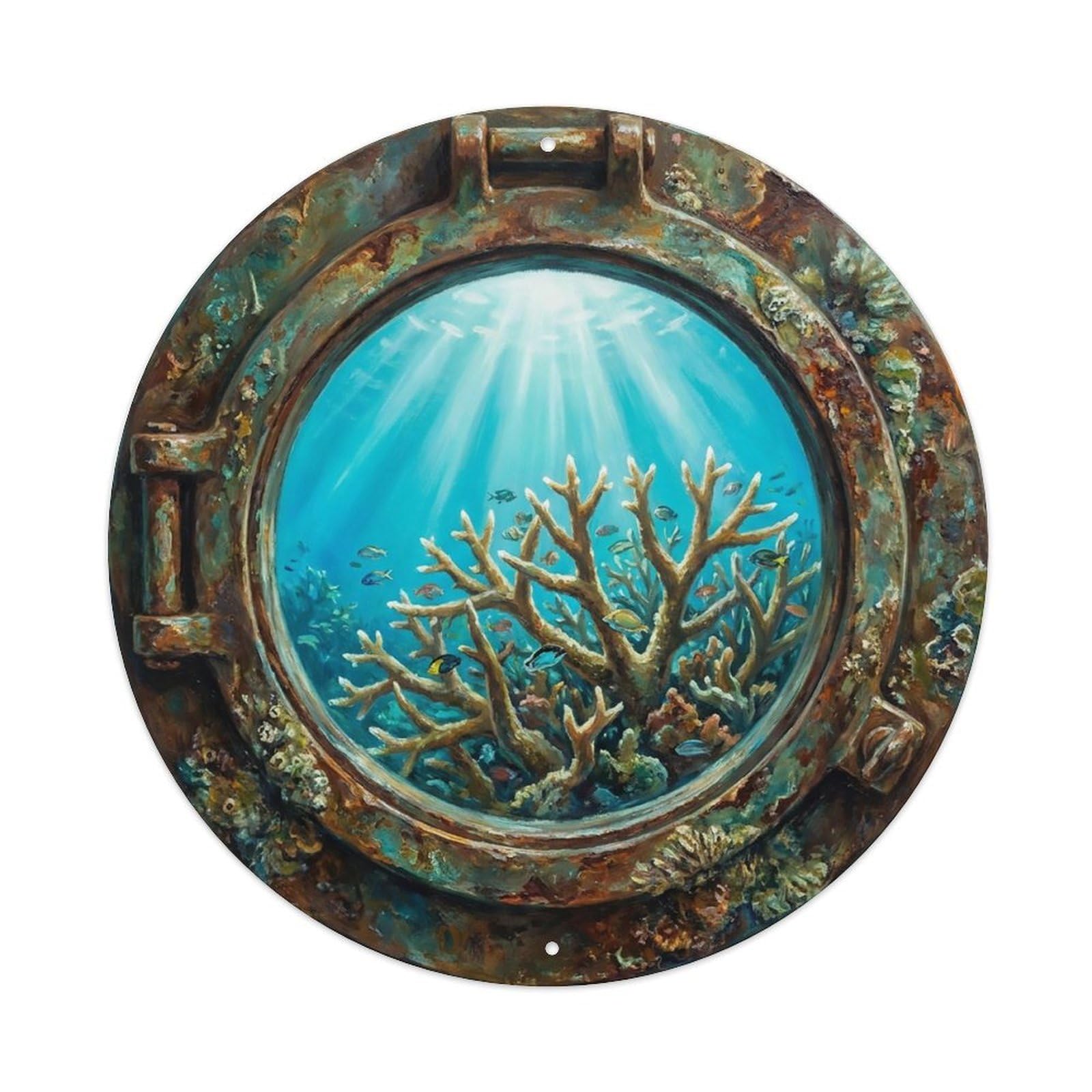 Vintage Porthole Staghorn Coral Branching Ship Window Undersea Deep Sea Metal Tin Sign