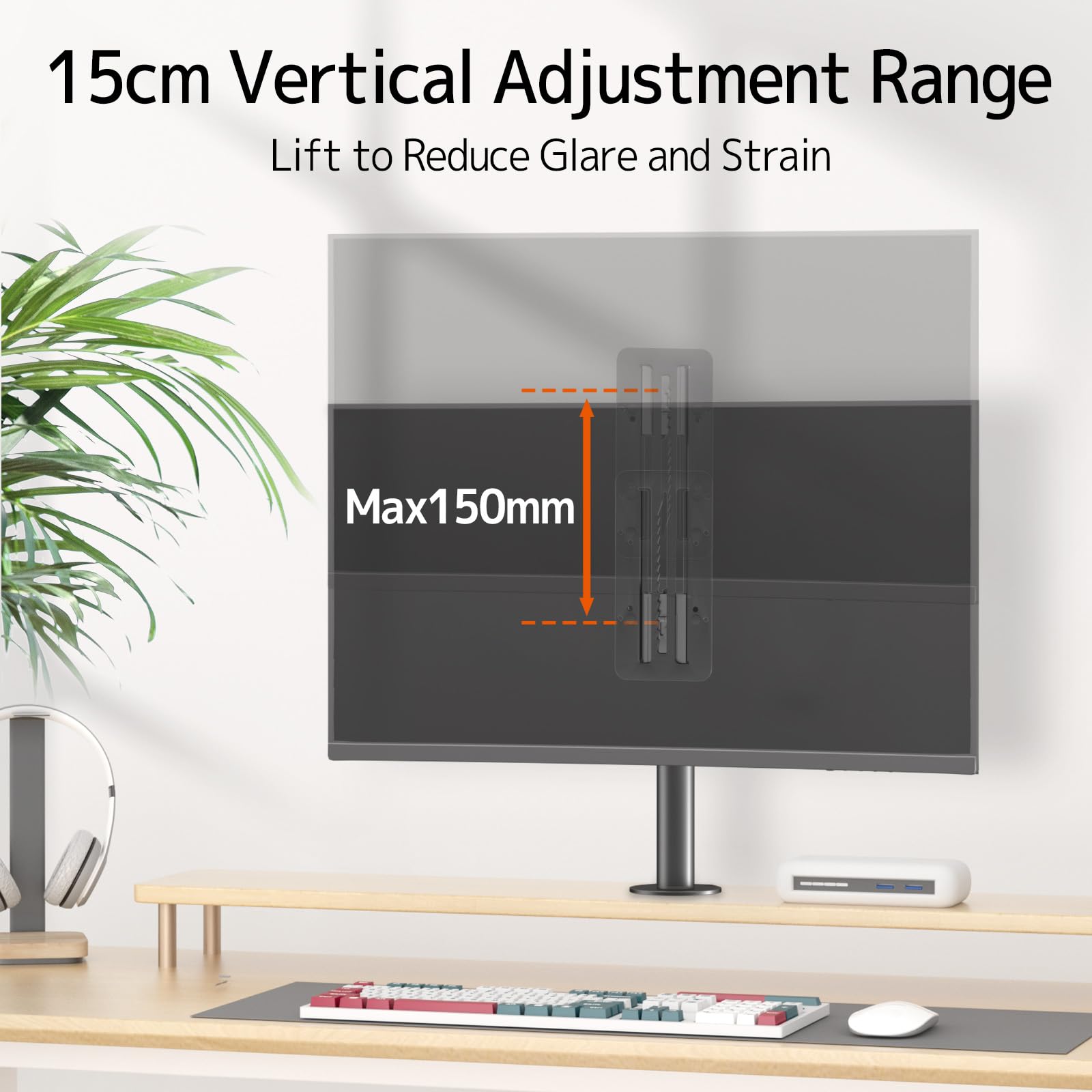 Adapter VESA z regulacją wysokości do monitorów 13-27 cali, Max. 8 kg | Uchwyt VESA z regulacją pionową 15 cm, kompatybilny z VESA 75x75/100x100 mm, czarny