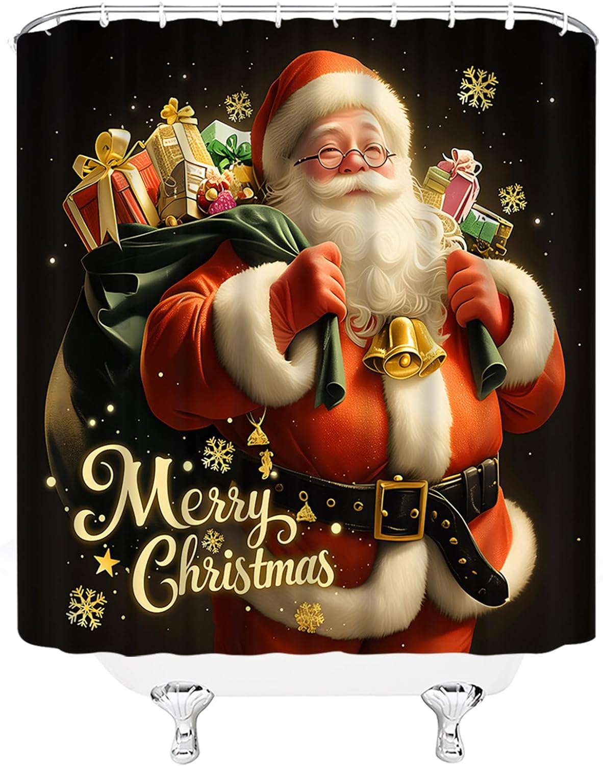 Merry Christmas Shower Curtain Cute Retro Christmas Santa Claus Snowflake Winter Holiday Fabric Bathroom Decor Set with Hooks,(70" Wx84 H)