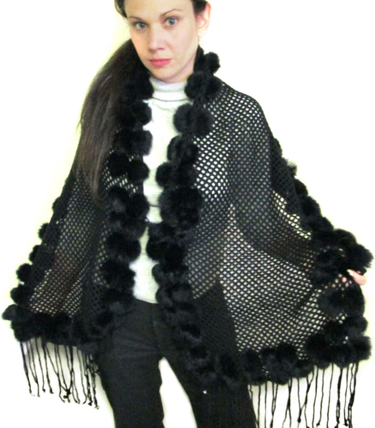 Black Fishnet Knitted Shawl W/REX Rabbit Pom Poms