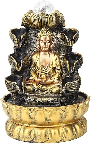 MIWEITOO Fuente decorativa para interiores, fuente de mesa de Buda de resina única con luz LED, cascada de meditación zen para el hogar, oficina,