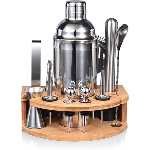 Bartender Kit with Stylish Bamboo Stand, 12 Piece 25oz Cocktail Shaker Set for Mixed Drink, Professional Stainless Steel Bar Tool Set with Cocktail Recipes Bookle, Gift for Man Dad Friend
