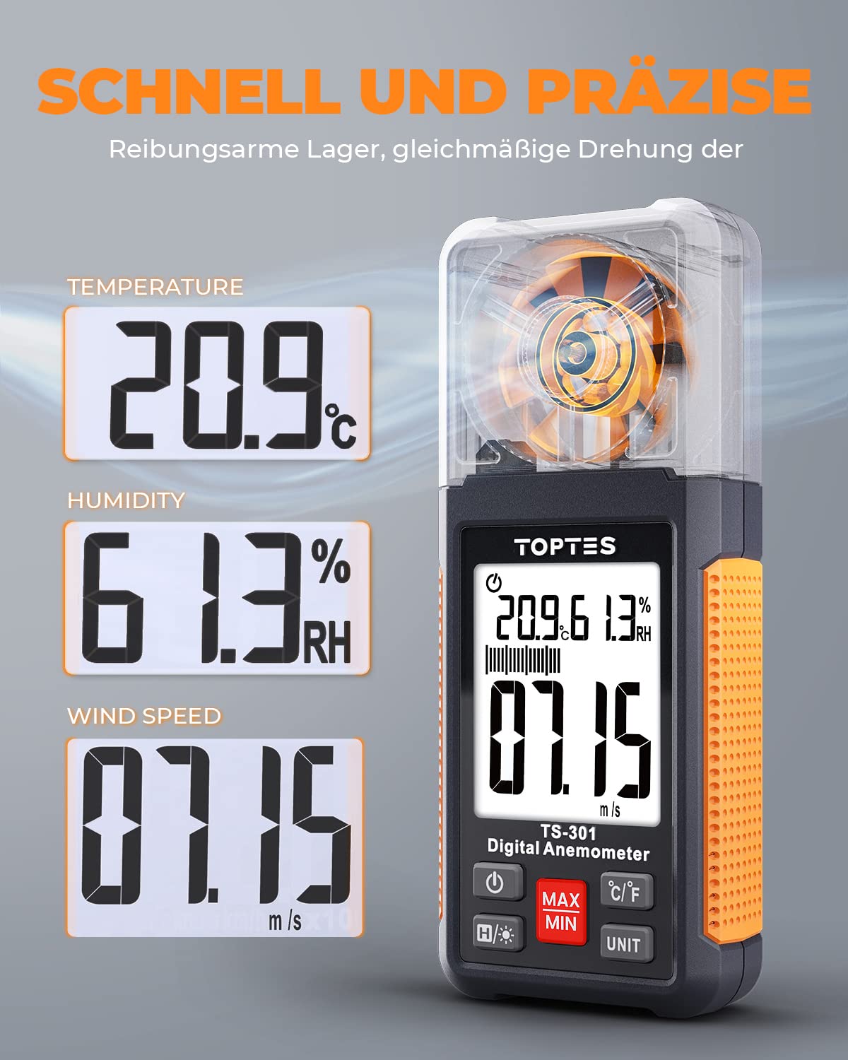 TopTes TS-301 Digitaler Windmesser Anemometer Handheld Wind Speed Meter 2,26-Zoll-LCD-Bildschirm