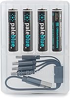 Vista 1 de paleblue USB Rechargeable AAA Lithium Batteries, 1 Hour Charge Time, Recharge Over 1000 Times, 600 mAh, 4-in-1 USB-A to USB-C Charging Cable, 4 Pack