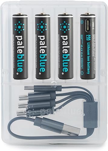 paleblue USB Rechargeable AAA Lithium Batteries, 1 Hour Charge Time, Recharge Over 1000 Times, 600 mAh, 4-in-1 USB-A to USB-C Charging Cable, 4 Pack