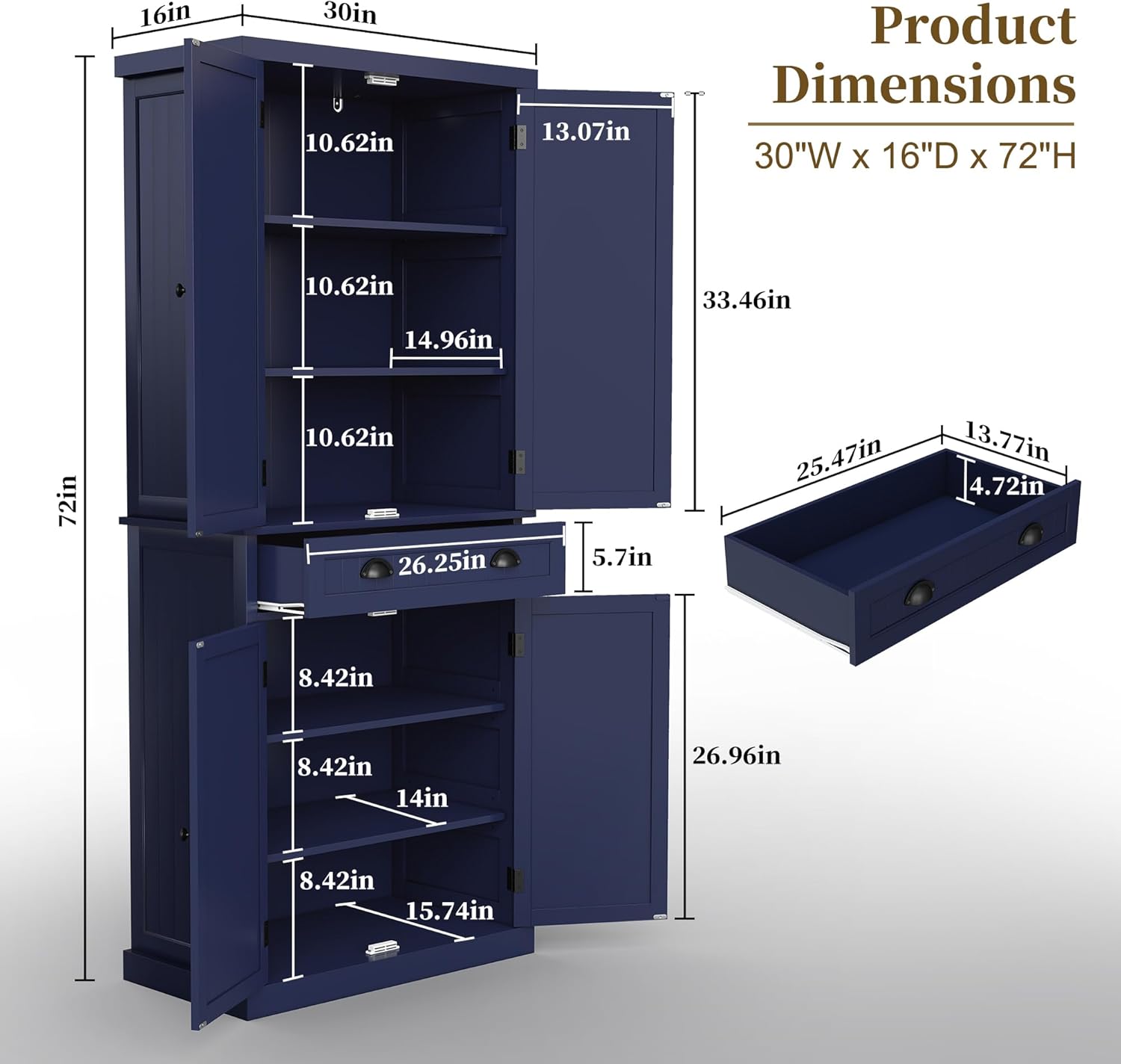 ARTPOWER 72" Tall Kitchen Pantry Storage Cabinet with Drawer and Adjustable Shelves, Pantry Cabinet for Kitchen, Bathroom or Hallway, Blue