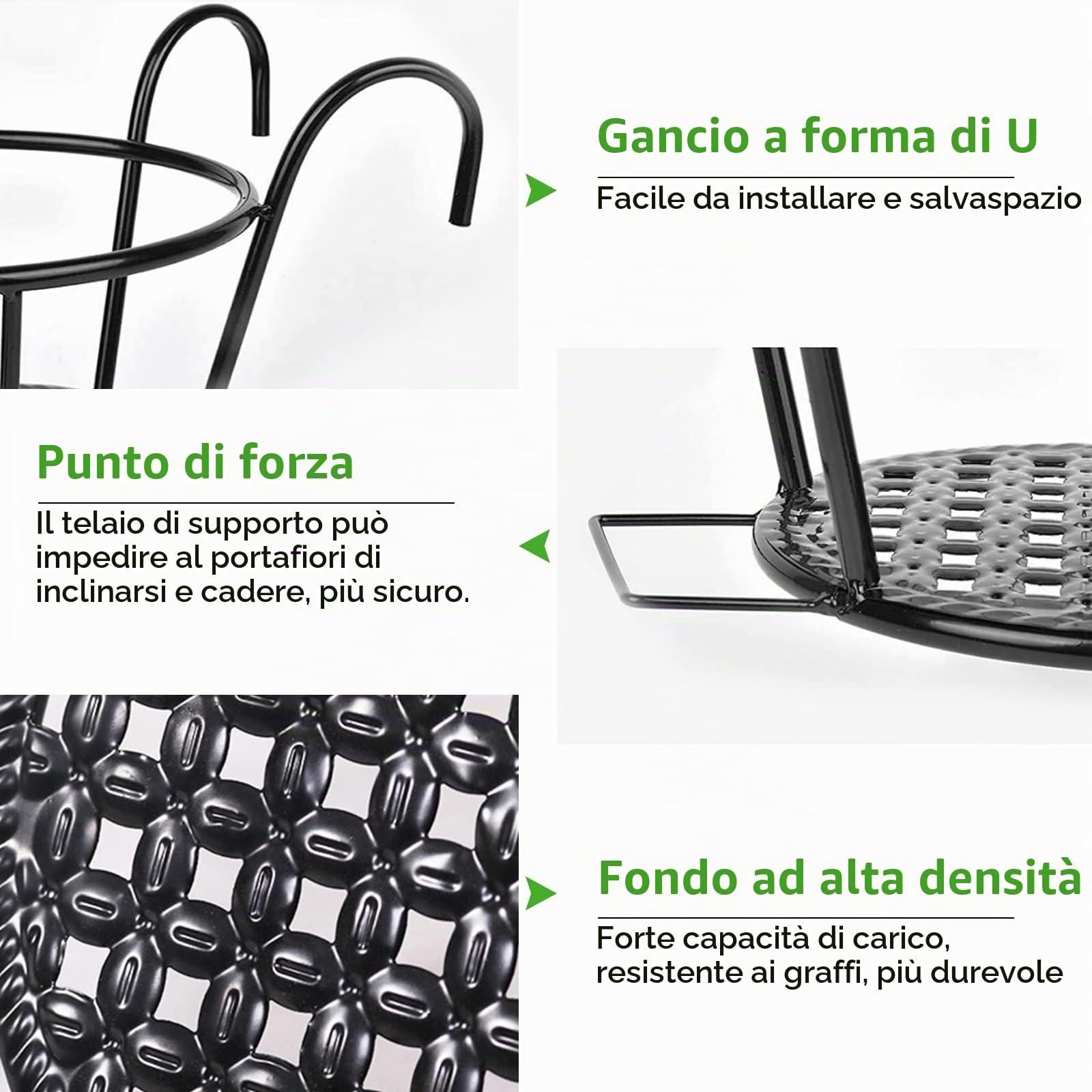3 Pcs Supporto per Vasi da Fiori, Portafiori da Appendere Cestini in Ferro Artistici Portavasi da Balcone, Veranda Recinzione Patio Interni Esterni