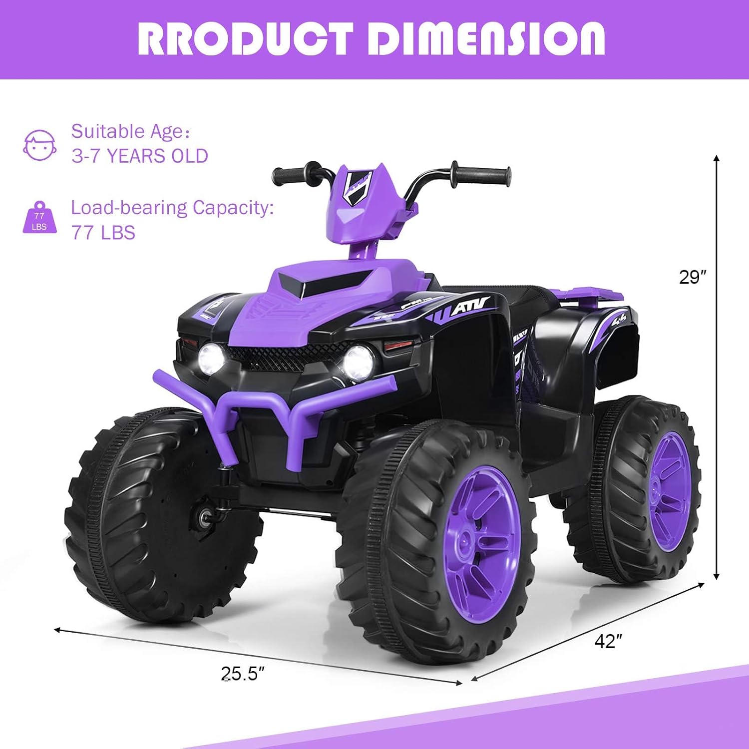 OLAKIDS 12V Kids Ride On ATV, 4 Wheeler Electric Vehicle for Toddlers, Battery Powered Motorized Quad Toy Car for Boys Girls with LED Lights, Music, Horn, High Low Speed, Soft Start (Violet)