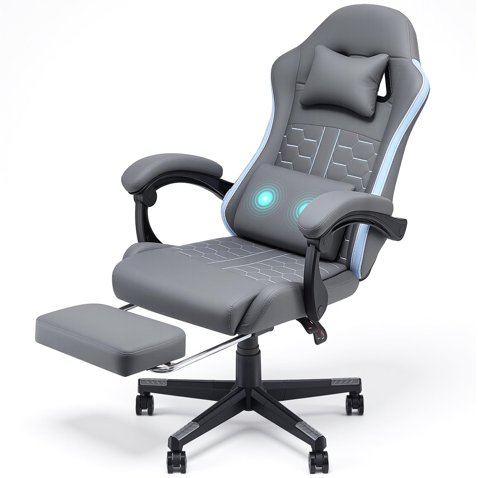 Warmiehomy Racing Gaming Chair for Adults with Footrest and Massage, Ergonomic Video Game Chairs with Lumbar Support,Reclining Computer Chairs, 360° Swivel, Height Adjustable,Grey