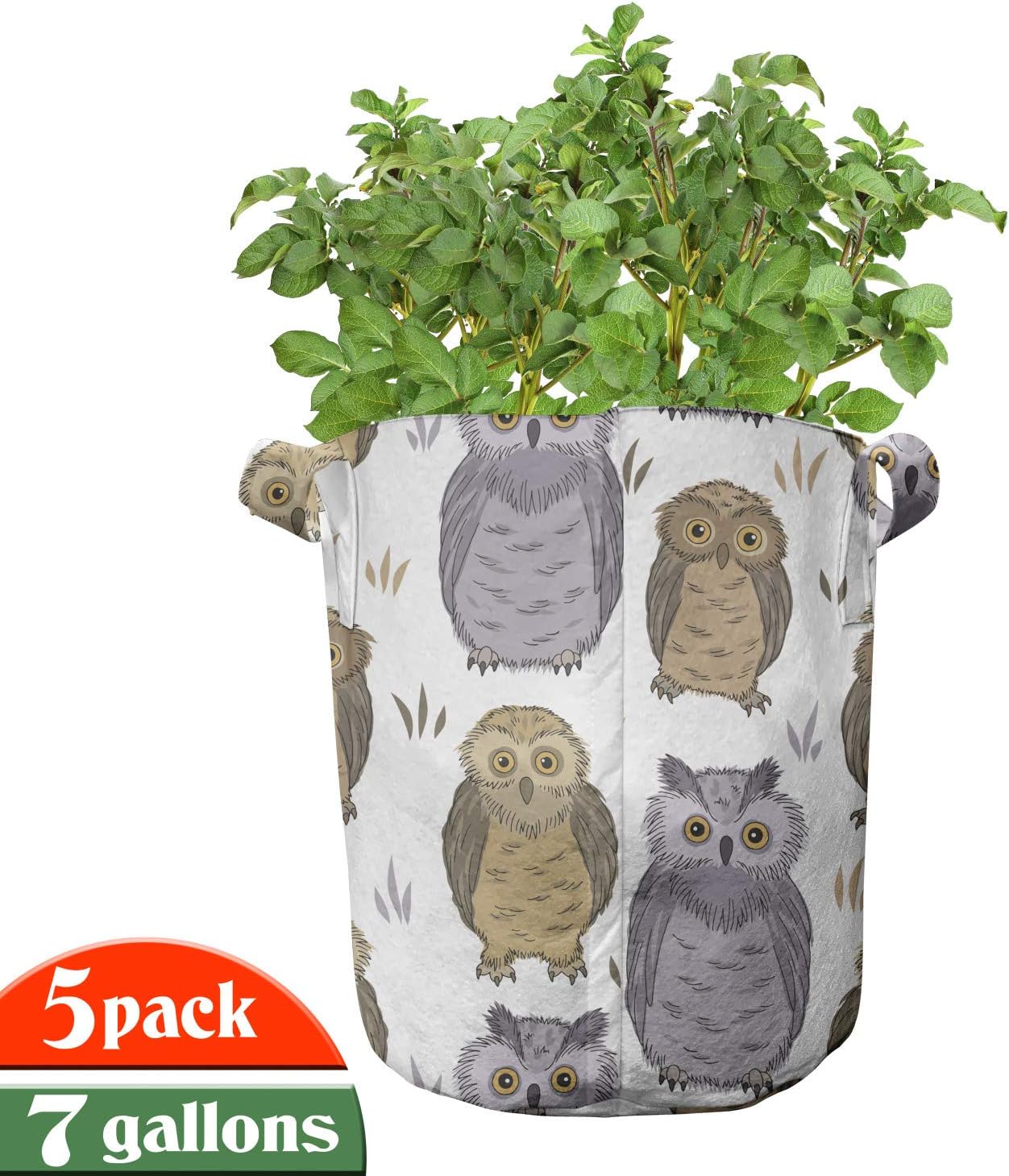 Lunarable Owl Grow Bags 5-Pack, Bird Awake at Night Animals, Heavyduty Fabric Pots with Handles for Plants, 7 Gallon, White Cocoa Sand Brown